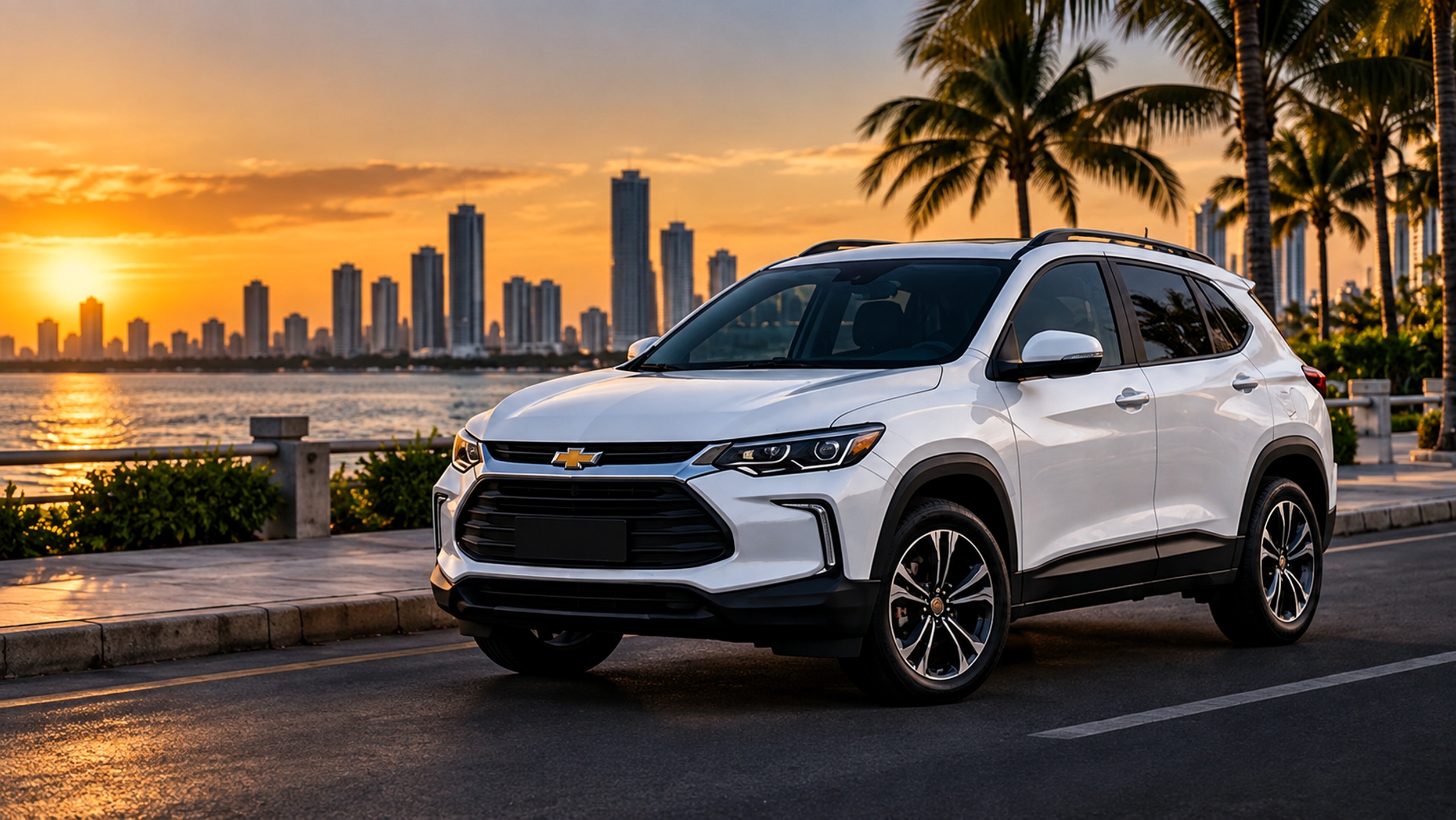 Chevrolet Tracker blanca junto al mar al atardecer